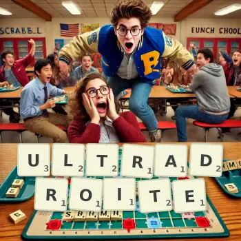 Illustration créative d'un jeu de lettres avec le mot ULTRADROITE épelé sur le plateau.