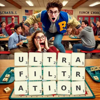 Illustration créative d'un jeu de lettres avec le mot ULTRAFILTRATION épelé sur le plateau.