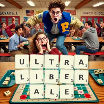 Illustration créative d'un jeu de lettres avec le mot ULTRALIBERALE épelé sur le plateau.