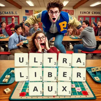 Illustration créative d'un jeu de lettres avec le mot ULTRALIBERAUX épelé sur le plateau.