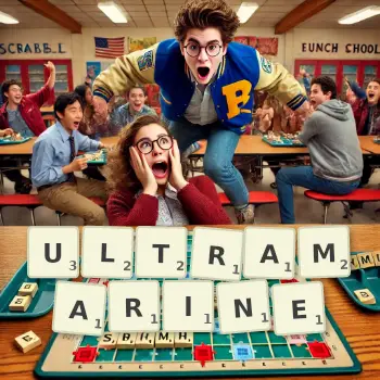 Illustration créative d'un jeu de lettres avec le mot ULTRAMARINE épelé sur le plateau.