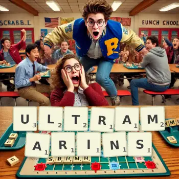 Illustration créative d'un jeu de lettres avec le mot ULTRAMARINS épelé sur le plateau.