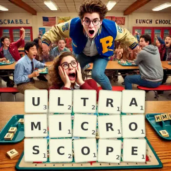 Illustration créative d'un jeu de lettres avec le mot ULTRAMICROSCOPE épelé sur le plateau.