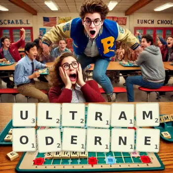 Illustration créative d'un jeu de lettres avec le mot ULTRAMODERNE épelé sur le plateau.