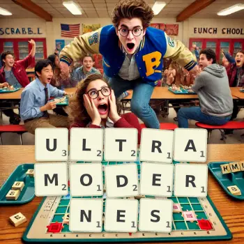Illustration créative d'un jeu de lettres avec le mot ULTRAMODERNES épelé sur le plateau.