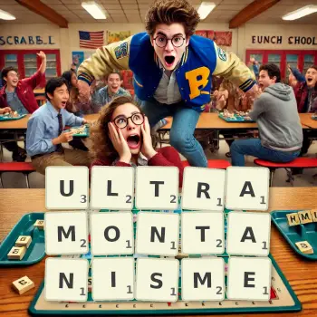 Illustration créative d'un jeu de lettres avec le mot ULTRAMONTANISME épelé sur le plateau.