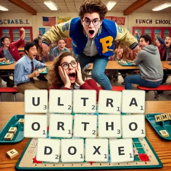 Illustration créative d'un jeu de lettres avec le mot ULTRAORTHODOXE épelé sur le plateau.