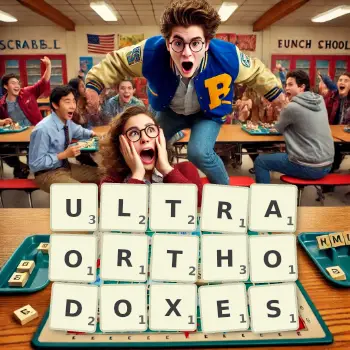 Illustration créative d'un jeu de lettres avec le mot ULTRAORTHODOXES épelé sur le plateau.