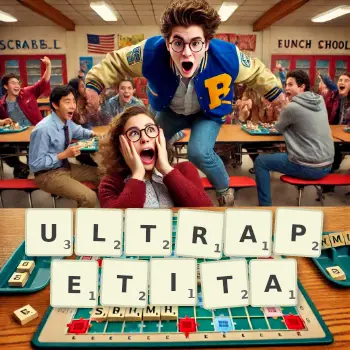 Illustration créative d'un jeu de lettres avec le mot ULTRAPETITA épelé sur le plateau.