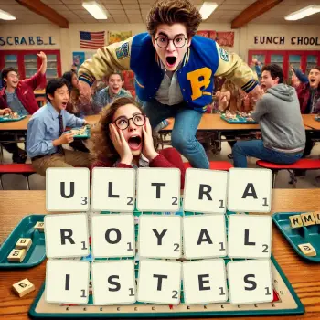 Illustration créative d'un jeu de lettres avec le mot ULTRAROYALISTES épelé sur le plateau.