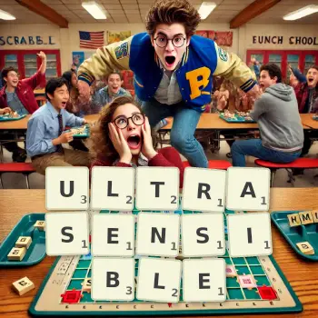 Illustration créative d'un jeu de lettres avec le mot ULTRASENSIBLE épelé sur le plateau.