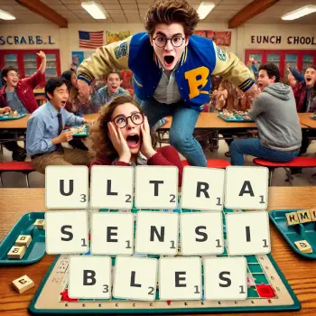 Illustration créative d'un jeu de lettres avec le mot ULTRASENSIBLES épelé sur le plateau.