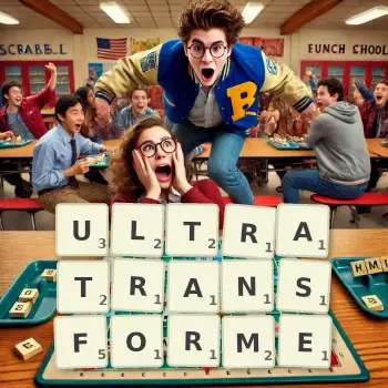 Illustration créative d'un jeu de lettres avec le mot ULTRATRANSFORME épelé sur le plateau.