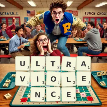 Illustration créative d'un jeu de lettres avec le mot ULTRAVIOLENCE épelé sur le plateau.