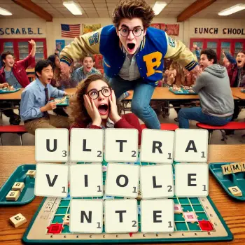 Illustration créative d'un jeu de lettres avec le mot ULTRAVIOLENTE épelé sur le plateau.