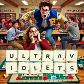 Illustration créative d'un jeu de lettres avec le mot ULTRAVIOLETS épelé sur le plateau.