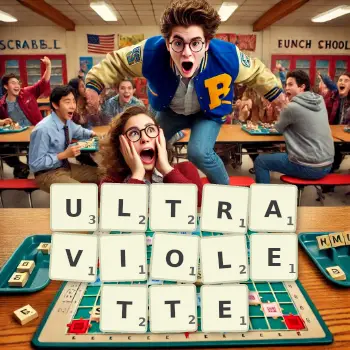 Illustration créative d'un jeu de lettres avec le mot ULTRAVIOLETTE épelé sur le plateau.