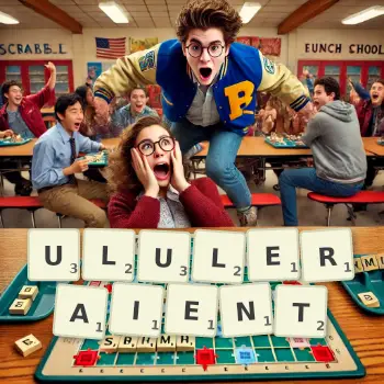 Illustration créative d'un jeu de lettres avec le mot ULULERAIENT épelé sur le plateau.