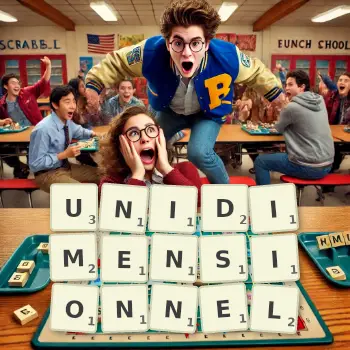 Illustration créative d'un jeu de lettres avec le mot UNIDIMENSIONNEL épelé sur le plateau.