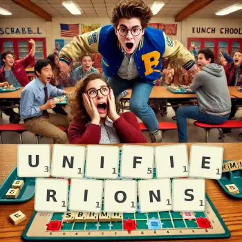 Illustration créative d'un jeu de lettres avec le mot UNIFIERIONS épelé sur le plateau.