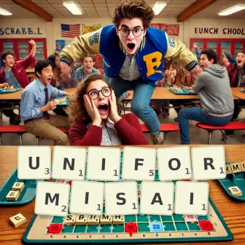 Illustration créative d'un jeu de lettres avec le mot UNIFORMISAI épelé sur le plateau.