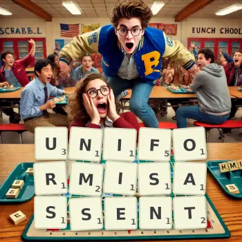 Illustration créative d'un jeu de lettres avec le mot UNIFORMISASSENT épelé sur le plateau.