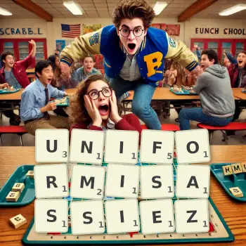 Illustration créative d'un jeu de lettres avec le mot UNIFORMISASSIEZ épelé sur le plateau.