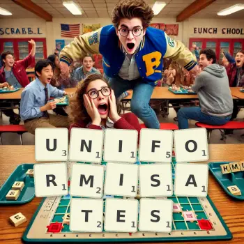 Illustration créative d'un jeu de lettres avec le mot UNIFORMISATES épelé sur le plateau.