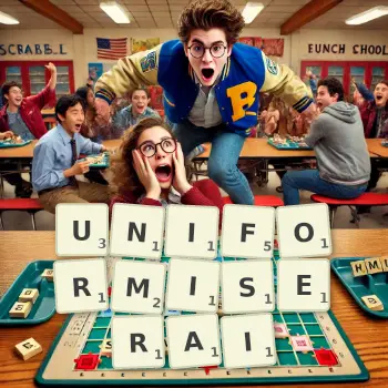 Illustration créative d'un jeu de lettres avec le mot UNIFORMISERAI épelé sur le plateau.