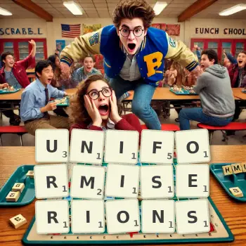 Illustration créative d'un jeu de lettres avec le mot UNIFORMISERIONS épelé sur le plateau.