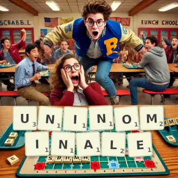 Illustration créative d'un jeu de lettres avec le mot UNINOMINALE épelé sur le plateau.