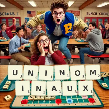 Illustration créative d'un jeu de lettres avec le mot UNINOMINAUX épelé sur le plateau.