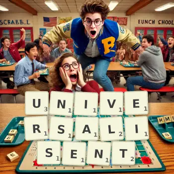 Illustration créative d'un jeu de lettres avec le mot UNIVERSALISENT épelé sur le plateau.