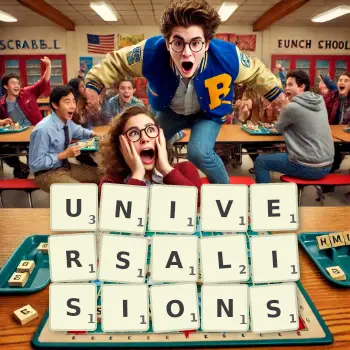 Illustration créative d'un jeu de lettres avec le mot UNIVERSALISIONS épelé sur le plateau.
