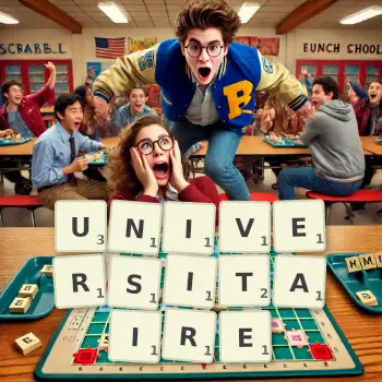 Illustration créative d'un jeu de lettres avec le mot UNIVERSITAIRE épelé sur le plateau.