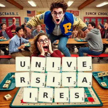 Illustration créative d'un jeu de lettres avec le mot UNIVERSITAIRES épelé sur le plateau.