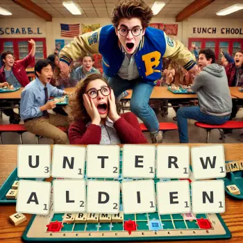 Illustration créative d'un jeu de lettres avec le mot UNTERWALDIEN épelé sur le plateau.