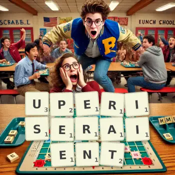 Illustration créative d'un jeu de lettres avec le mot UPERISERAIENT épelé sur le plateau.