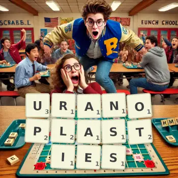 Illustration créative d'un jeu de lettres avec le mot URANOPLASTIES épelé sur le plateau.