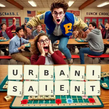Illustration créative d'un jeu de lettres avec le mot URBANISAIENT épelé sur le plateau.