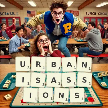 Illustration créative d'un jeu de lettres avec le mot URBANISASSIONS épelé sur le plateau.