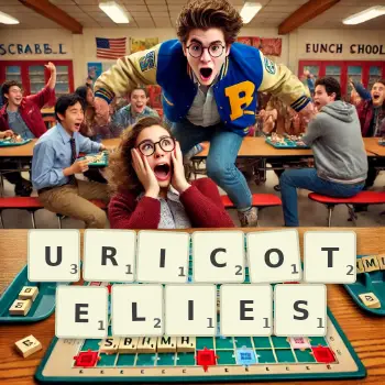 Illustration créative d'un jeu de lettres avec le mot URICOTELIES épelé sur le plateau.