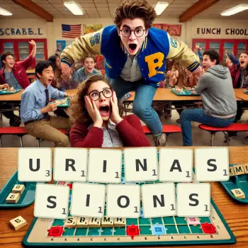 Illustration créative d'un jeu de lettres avec le mot URINASSIONS épelé sur le plateau.