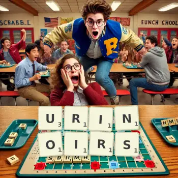 Illustration créative d'un jeu de lettres avec le mot URINOIRS épelé sur le plateau.