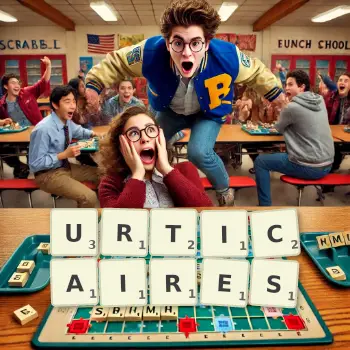 Illustration créative d'un jeu de lettres avec le mot URTICAIRES épelé sur le plateau.