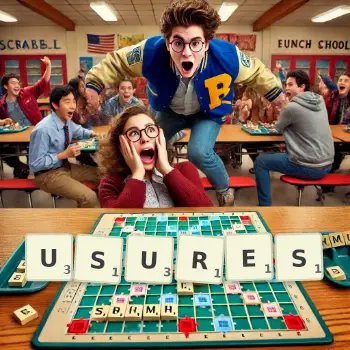 Illustration créative d'un jeu de lettres avec le mot USURES épelé sur le plateau.