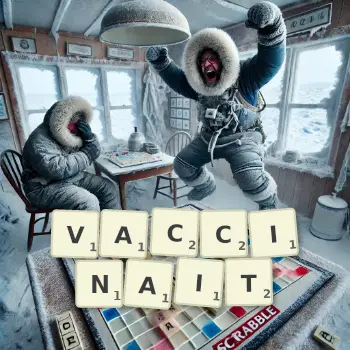 Illustration créative d'un jeu de lettres avec le mot VACCINAIT épelé sur le plateau.