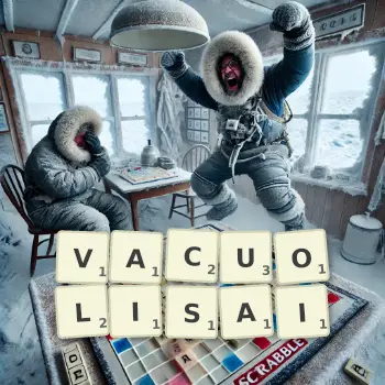 Illustration créative d'un jeu de lettres avec le mot VACUOLISAI épelé sur le plateau.
