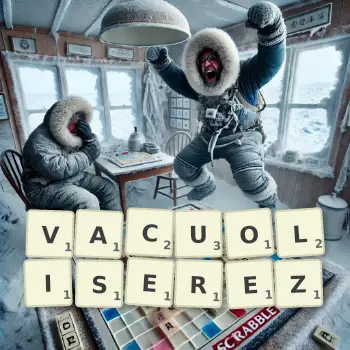 Illustration créative d'un jeu de lettres avec le mot VACUOLISEREZ épelé sur le plateau.