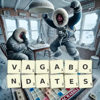 Illustration créative d'un jeu de lettres avec le mot VAGABONDATES épelé sur le plateau.